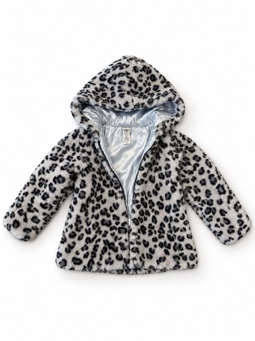 Little Me Girls' Leopard Print Faux Fur Hooded Jacket - Gray & Black